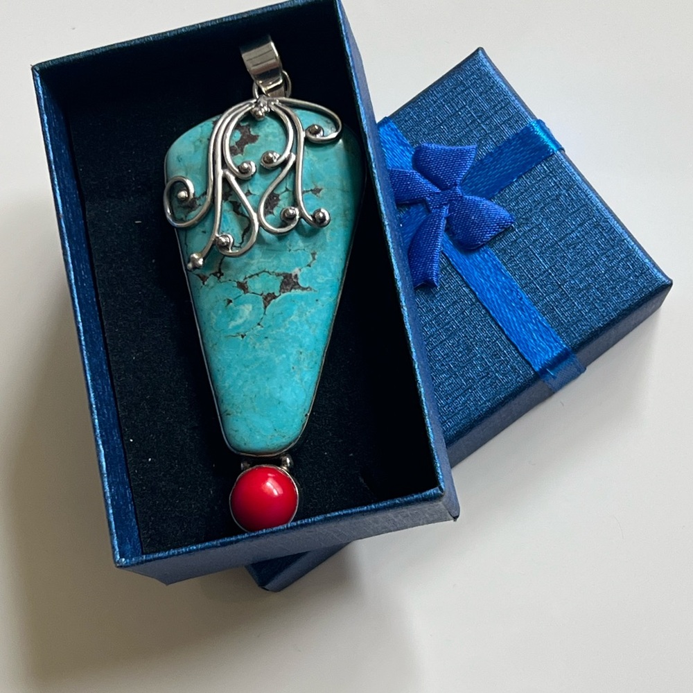 Turquoise and red coral large pendant